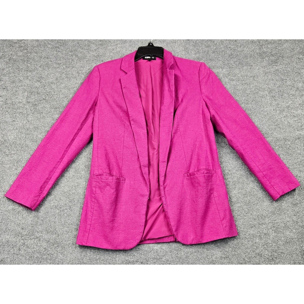 Express Women Small Pink Linen Blend Open Front Blazer Jacket Notch Lapel Pocket